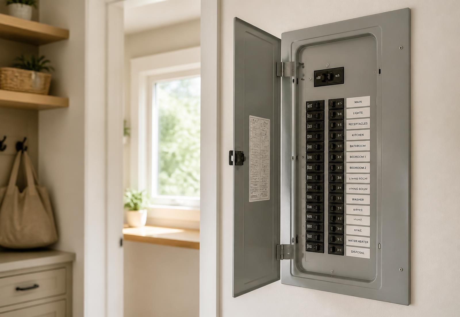 Neatly labeled residential electrical panel installed in a bright home utility room